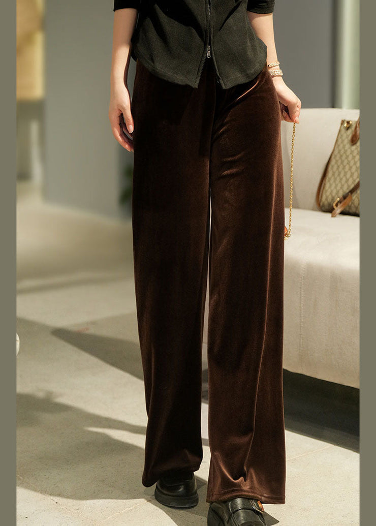 Style Dark Chocolate Elastic Waist Draping Silk Velour Wide Leg Pants Winter