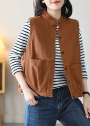 Style Dark Orange Stand Collar Patchwork Button Cotton Beach Vest Sleeveless