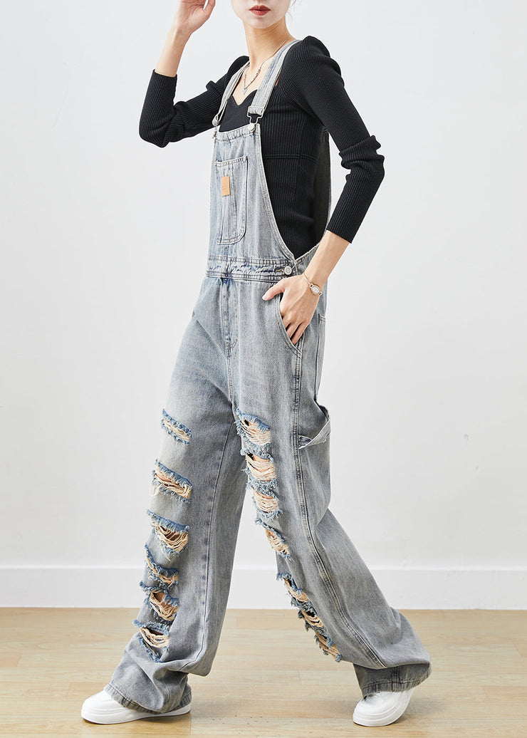 Style Denim Blue Oversized Cotton Ripped Jumpsuit Fall