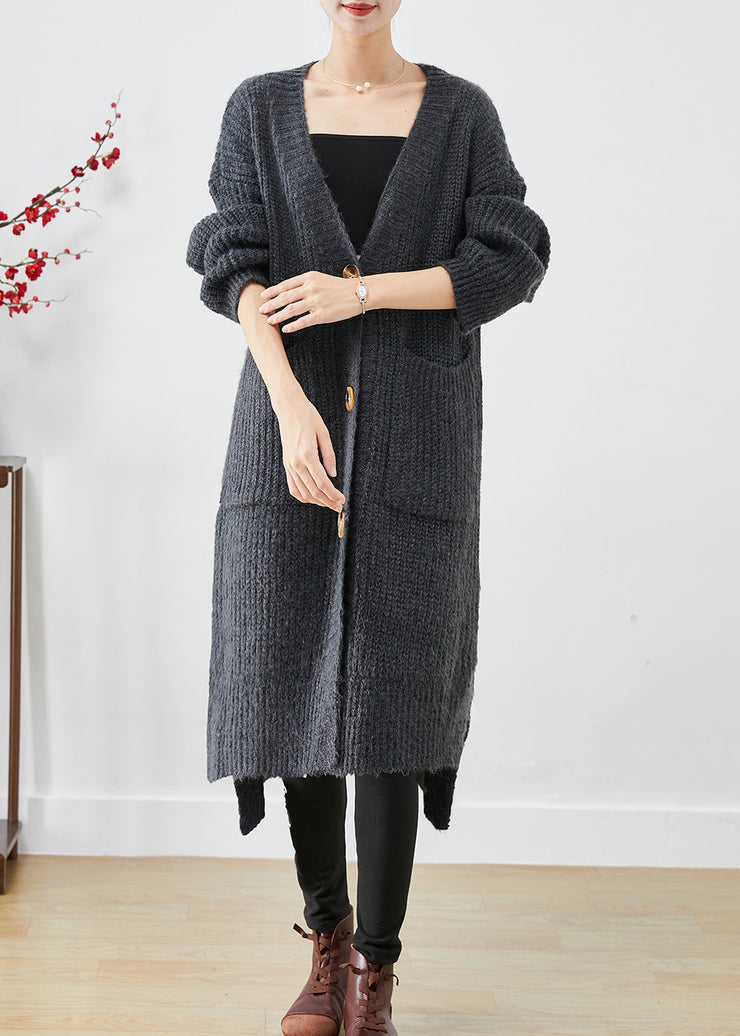 Style Dull Grey V Neck Pockets Knit Long Cardigan Fall