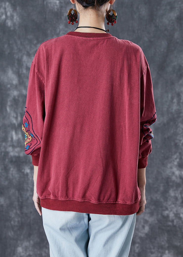 Style Dull Red Embroidered Cotton Loose Sweatshirts Top Fall