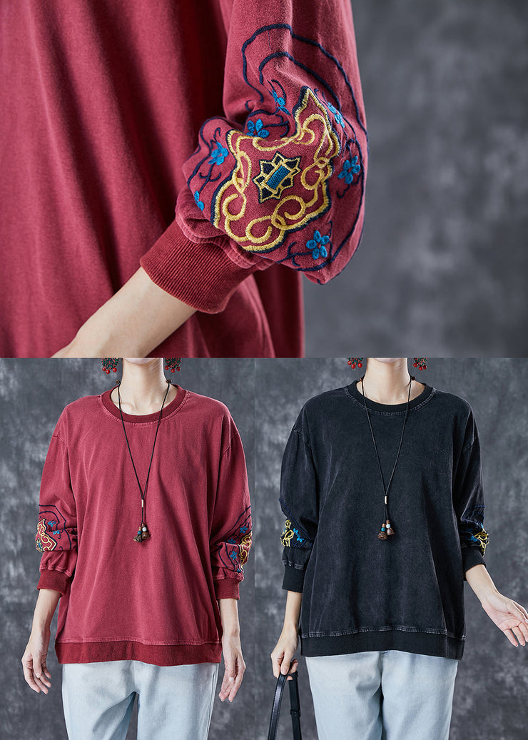 Style Dull Red Embroidered Cotton Loose Sweatshirts Top Fall