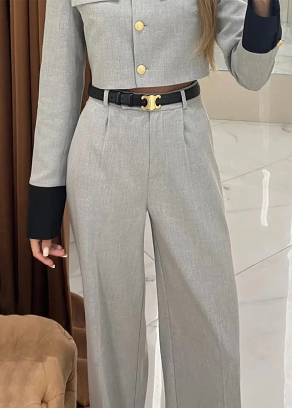 Style Elegant Grey Tops And Pants Cotton Two Pieces Set Fall