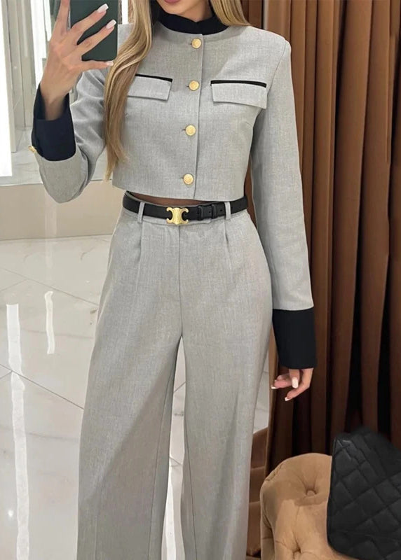 Style Elegant Grey Tops And Pants Cotton Two Pieces Set Fall