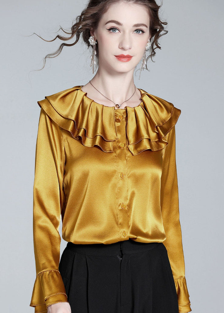 Style Gold Ruffled Patchwork Button Silk Shirt Flare Sleeve