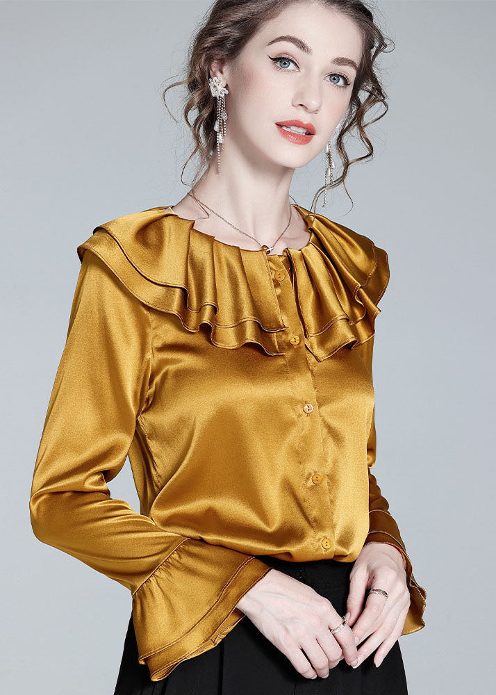 Style Gold Ruffled Patchwork Button Silk Shirt Flare Sleeve