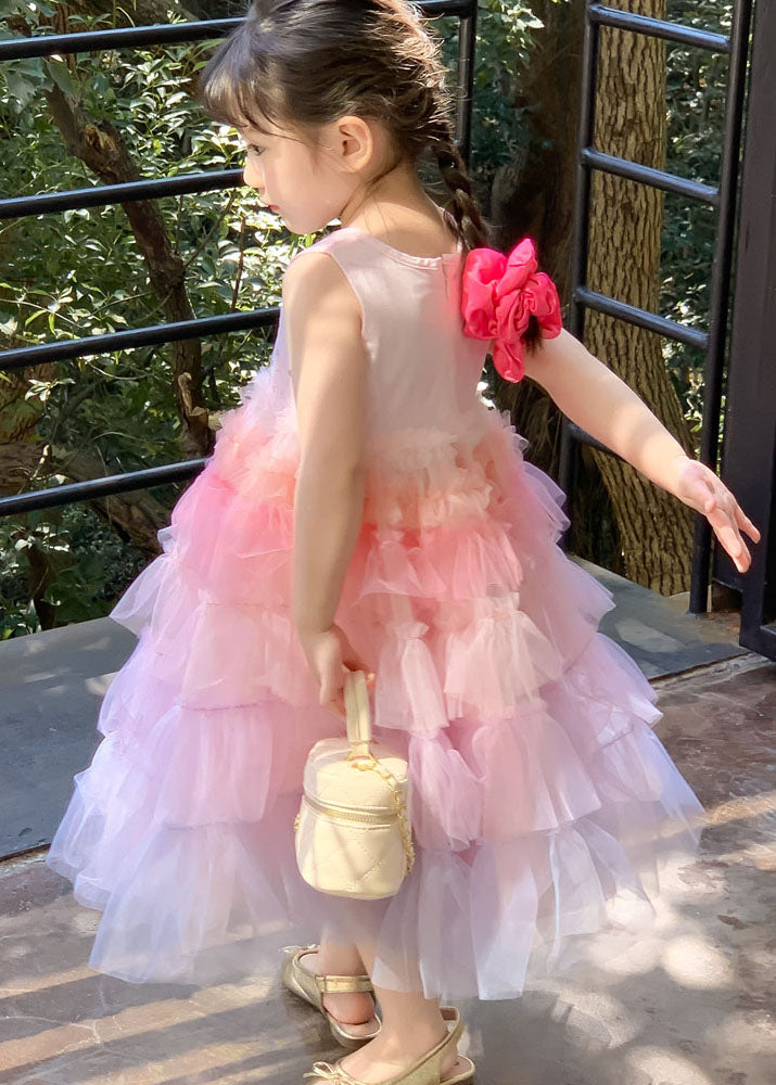 Style Gradient Pink O Neck Ruffled Patchwork Tulle Baby Girls Dresses Sleeveless