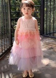 Style Gradient Pink O Neck Ruffled Patchwork Tulle Baby Girls Dresses Sleeveless