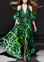 Style Green Cold Shoulder Print Side Open Chiffon Long Dresses Summer