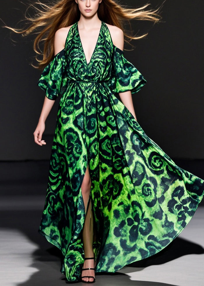 Style Green Cold Shoulder Print Side Open Chiffon Long Dresses Summer