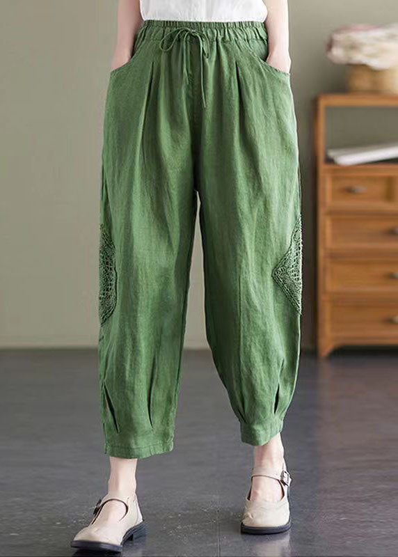 Style Green Elastic Waist Oversized Pockets Linen Harem Pants Fall