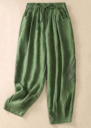 Style Green Elastic Waist Oversized Pockets Linen Harem Pants Fall