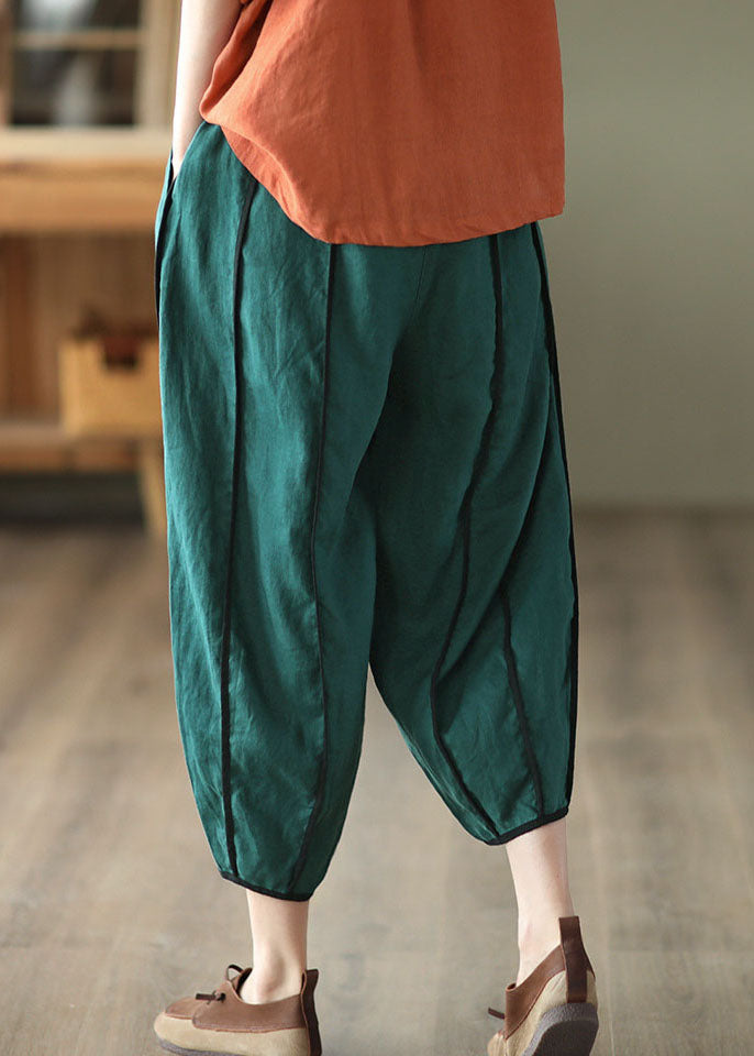 Style Green Elastic Waist Patchwork Pockets Linen Pants Summer