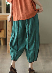 Style Green Elastic Waist Patchwork Pockets Linen Pants Summer