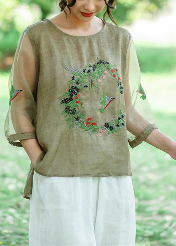 Style Green Embroideried Patchwork Hollow Out Linen Shirt Summer