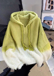 Style Green Hooded Patchwork Mink Hair Knitted Sweaters Winter