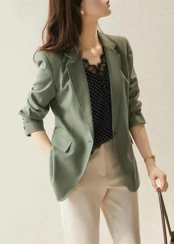 Style Green Notched Button Patchwork Spandex Coat Fall