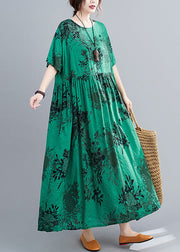 Style Green O-Neck Patchwork Maxi Dress Short Sleeve