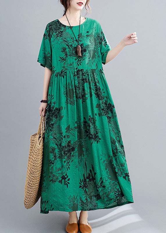 Style Green O-Neck Patchwork Maxi Dress Short Sleeve