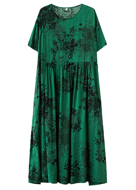 Style Green O-Neck Patchwork Maxi Dress Short Sleeve