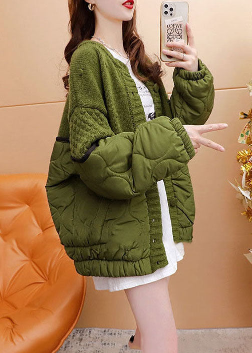 Style Green Oversized Cotton Filled Patchwork Knit Cardigan Winter