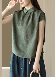 Style Green Peter Pan Collar Button Patchwork Linen Shirt Top Summer