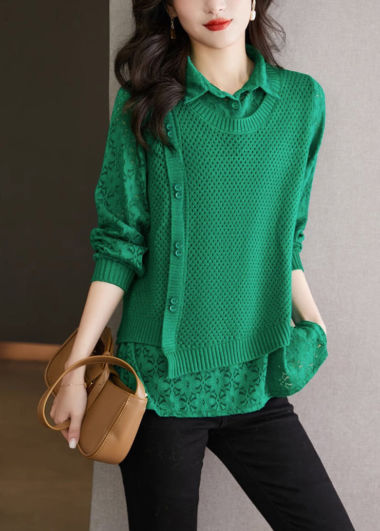 Style Green Peter Pan Collar Fake Two Pieces Lace Patchwork Knit Sweater Fall