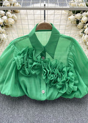 Style Green Peter Pan Collar Floral Patchwork Cotton Shirts Puff Sleeve