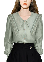 Style Green Peter Pan Collar Ruffled Shirt Tops Spring