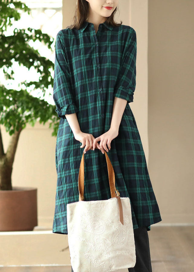 Style Green Plaid Peter Pan Collar Patchwork Cotton Shirts Coat Long Sleeve