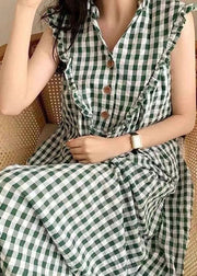 Style Green Plaid Ruffled Patchwork Cotton Dress Sleeveless