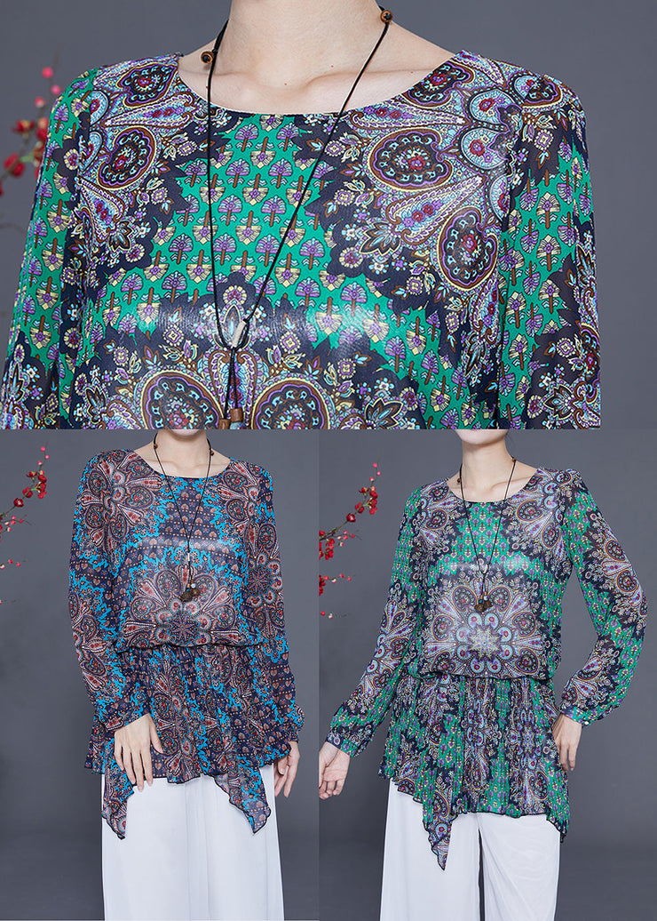 Style Green Print Asymmetrical Design Chiffon Blouses Spring