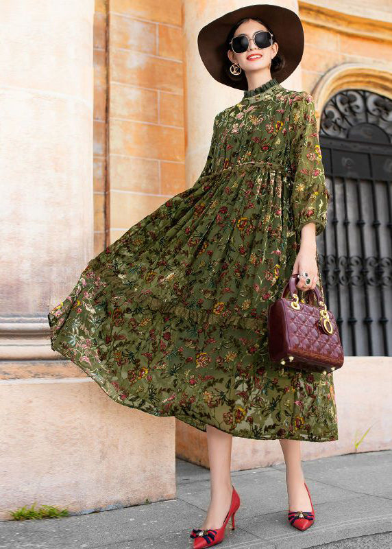 Style Green Ruffled Jacquard Patchwork Silk Velour Dresses Fall