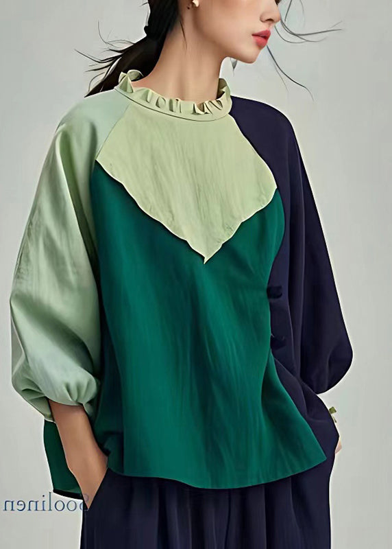 Style Green Ruffled Patchwork Linen Blouse Tops Spring