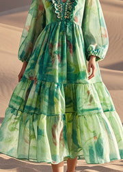 Style Green Ruffled Print Cotton Party Dress Fall