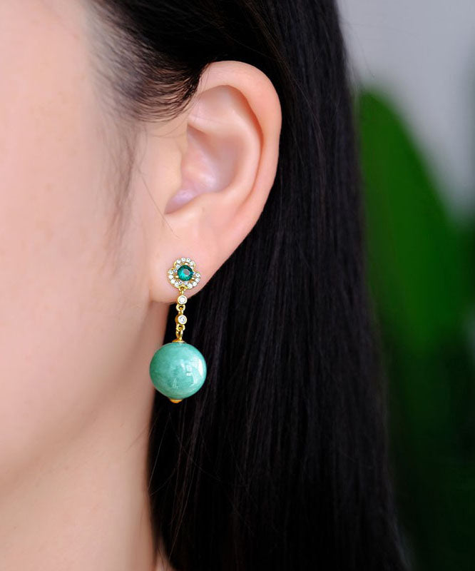 Style Green Sterling Silver Overgild Zircon Jadeite Drop Earrings