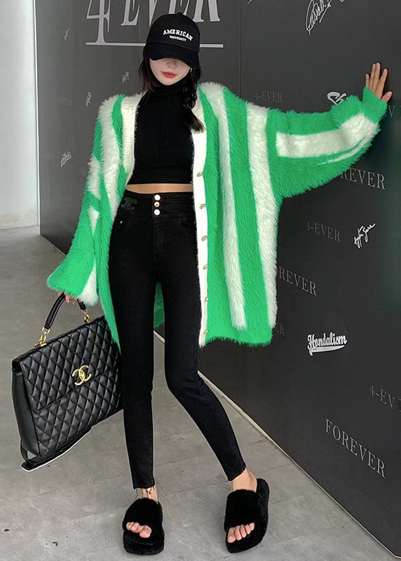 Style Green Striped Cozy Mink Hair Knitted Loose Coat Winter