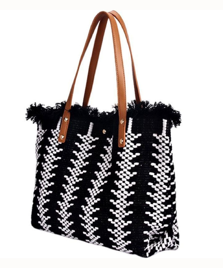 Style Green Tassel Knit Fabric Canvas Tote Handbag