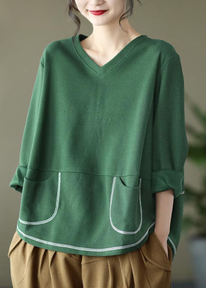 Style Green V Neck Pockets Cotton Loose Sweatshirts Top Long Sleeve