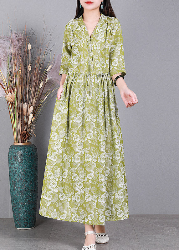 Style Green V Neck Print Button Silk Dress Long Sleeve