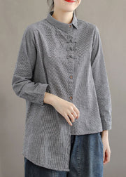 Style Grey Asymmetrical Design Oriental Button Cotton Blouses Long Sleeve