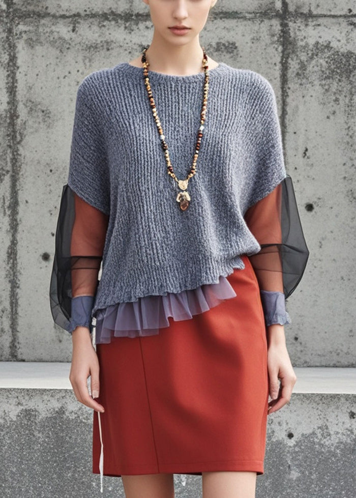 Style Grey Asymmetrical Patchwork Tulle Sweaters Fall