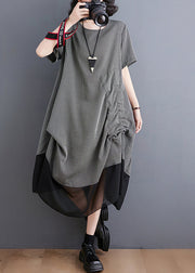 Style Grey Asymmetrical Patchwork Wrinkled Chiffon Dresses Summer