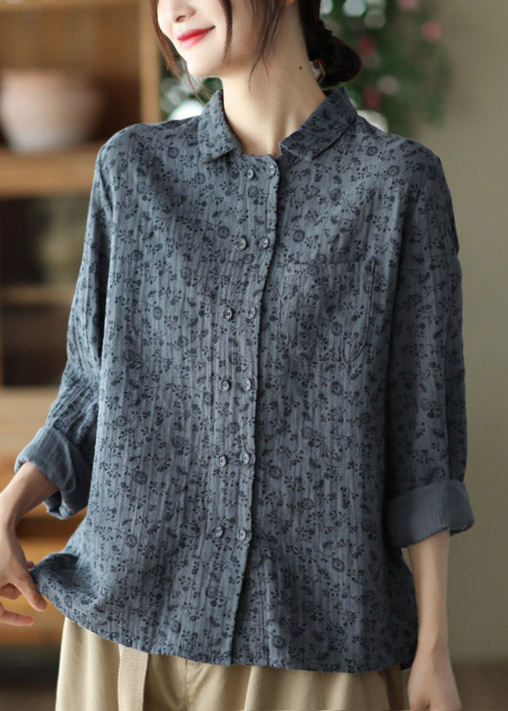 Style Grey Blue Print Button Shirts Long Sleeve