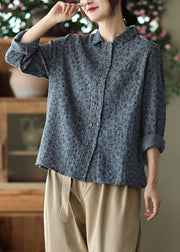 Style Grey Blue Print Button Shirts Long Sleeve