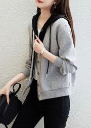 Style Grey Button Patchwork False Two Pieces Cotton Hooded Coat Fall