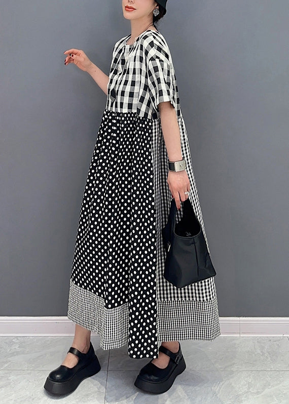 Style Grey Plaid Patchwork Dot Cotton A Line Dress Summer