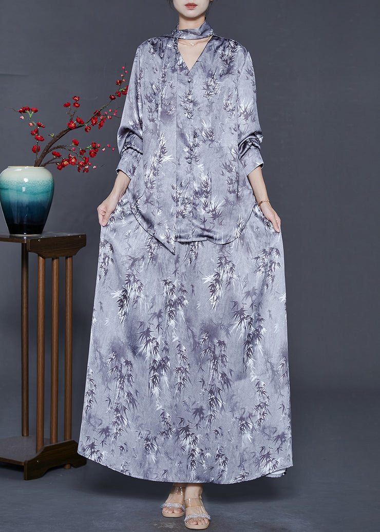 Style Grey V Neck Print Silk Two Piece Set Women Clothing Fall