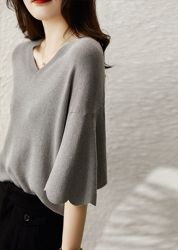 Style Grey V Neck Solid Color Knit Tops Flare Sleeve