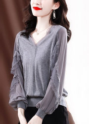 Style Grey V Neck Tulle Patchwork Ruffles Cotton Shirt Top Long Sleeve